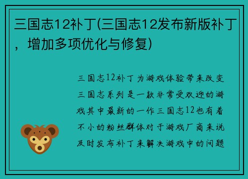 三国志12补丁(三国志12发布新版补丁，增加多项优化与修复)