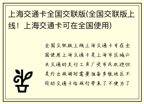上海交通卡全国交联版(全国交联版上线！上海交通卡可在全国使用)